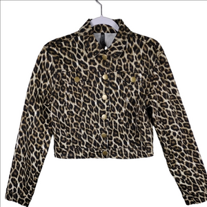 American Bazi Tan Leopard Print Collared Button Up Long Sleeve Cropped Jacket